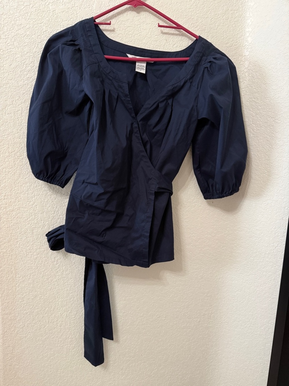 Diane Von Furstenberg Navy Wrap Top with Puff Sleeves